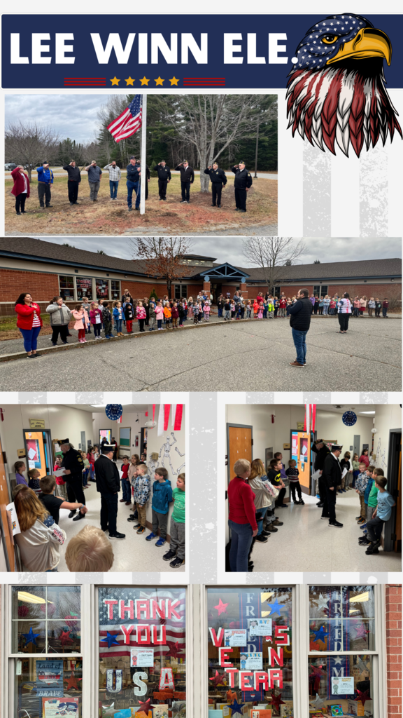 Veterans and students gathered around flag outside school.
