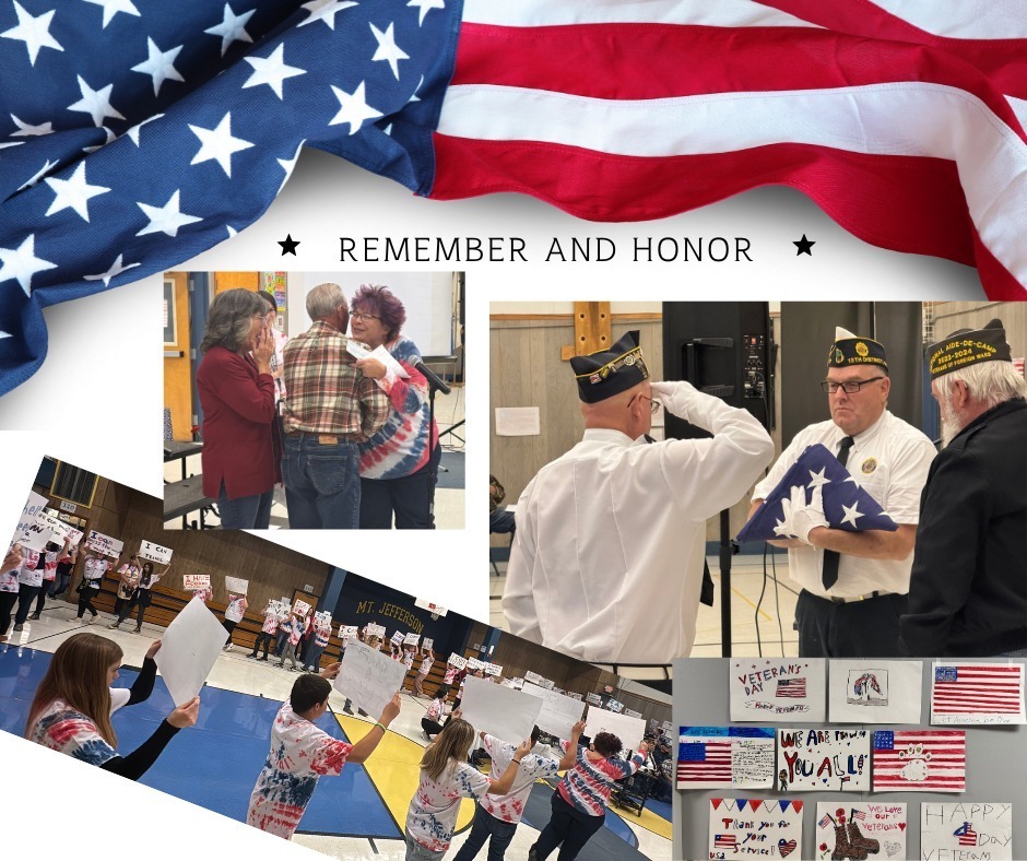 Pictures of Veterans saluting during Flag folding, students singing, artwork for vets.