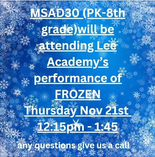 Poster with snowflakes telling about Fieldtrip to Lee Academy to See Frozen