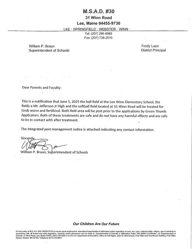Form alerting that fields for Mt. Jefferson Junior High, Lee Winn and the Softball field for Lee Academy will be treated on June 5th, but will be safe to use