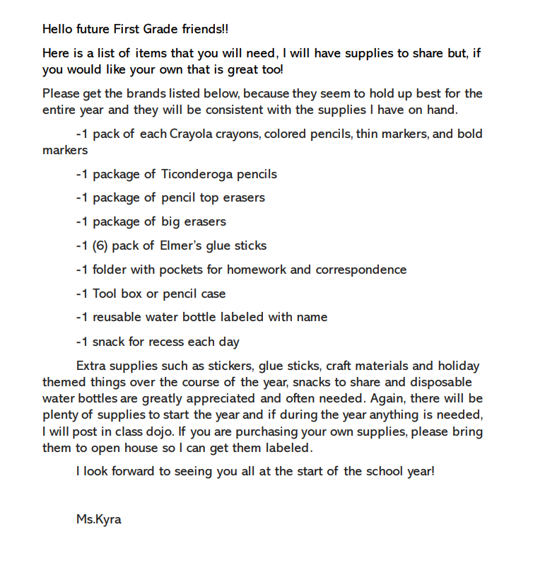 First grade Welcome Letter