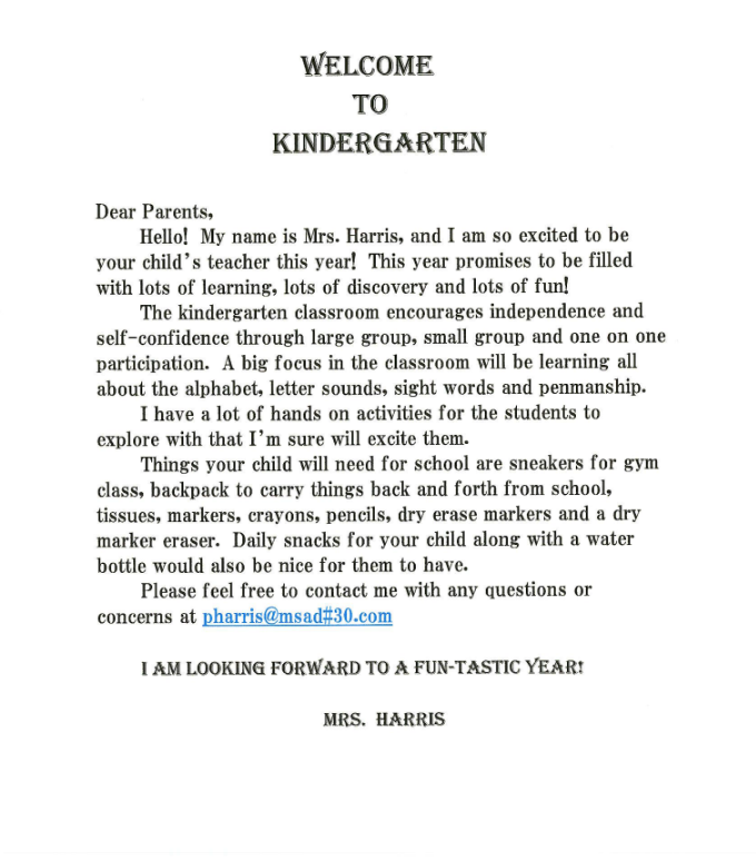 Kindergarten Welcome Letter