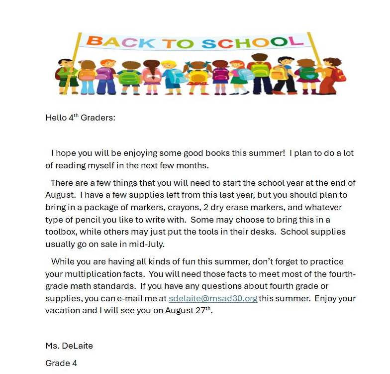 forth grade welcome letter
