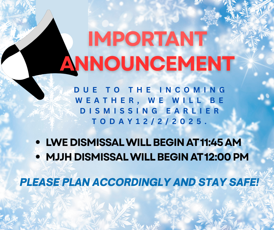Attention MSAD 30 Families, this is an important update for today's dismissal. Lee Winn Elementary will start dismissal at 11:45 and Mt. Jefferson Junior High will start dismissal at 12:00 noon. Please drive safe!