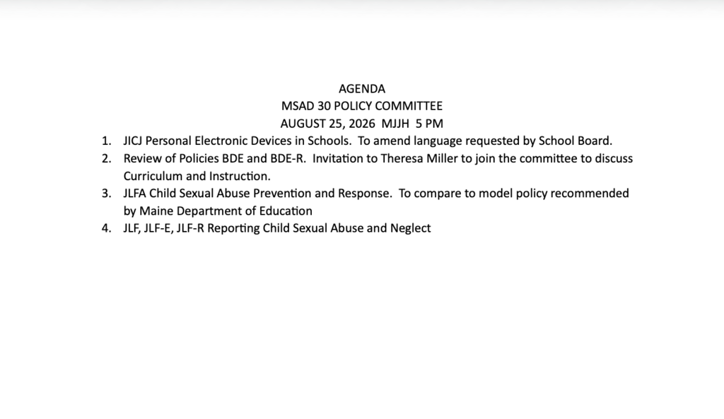 August 25th 2026 Policy Committee Agenda