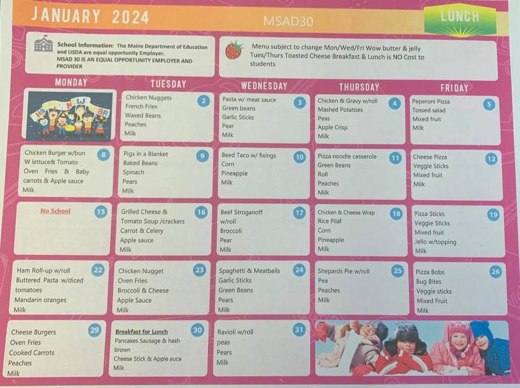 Lunch Menu for January