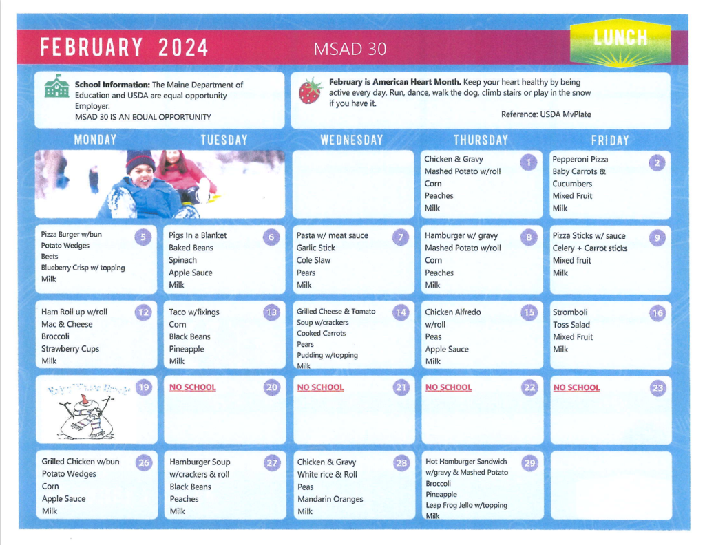 Feb Lunch Menu