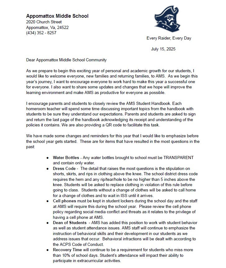 AMS: Welcome Back to School Letter