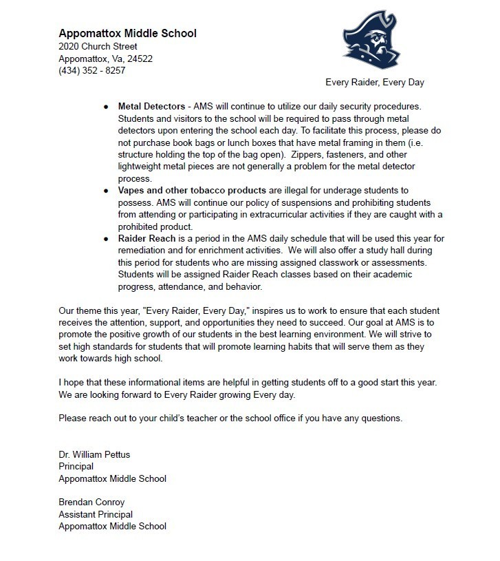 AMS: Welcome Back to School Letter