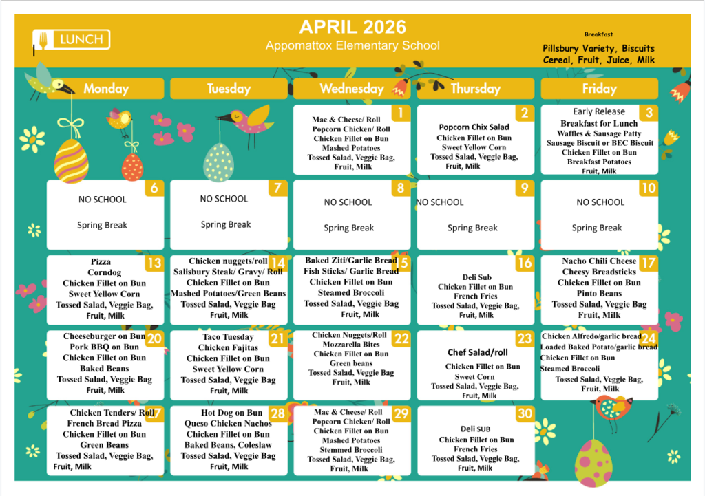 April Lunch Menu 2026