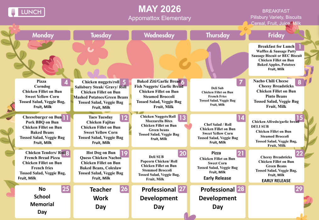 May 2026 lunch menu