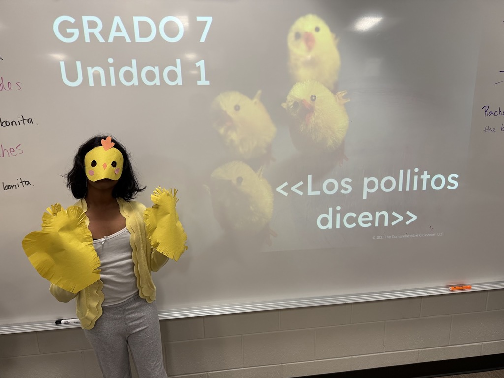 Student in a chicken costume standing in front of the white board.