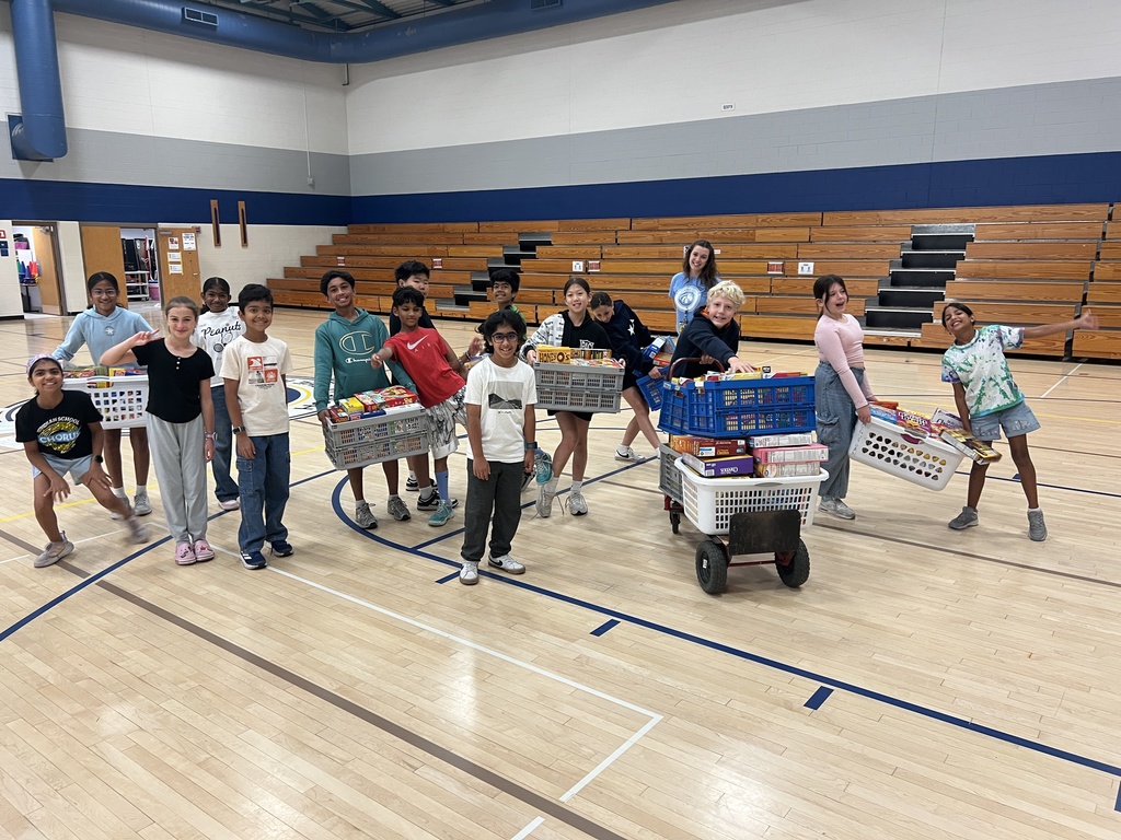 Students standing int he gym with boxes of cereal boxes