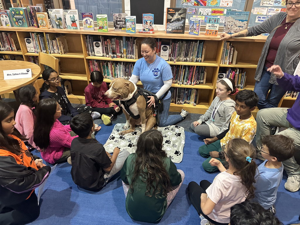 Students gathering on the ground with a therapy dog and a teacher.