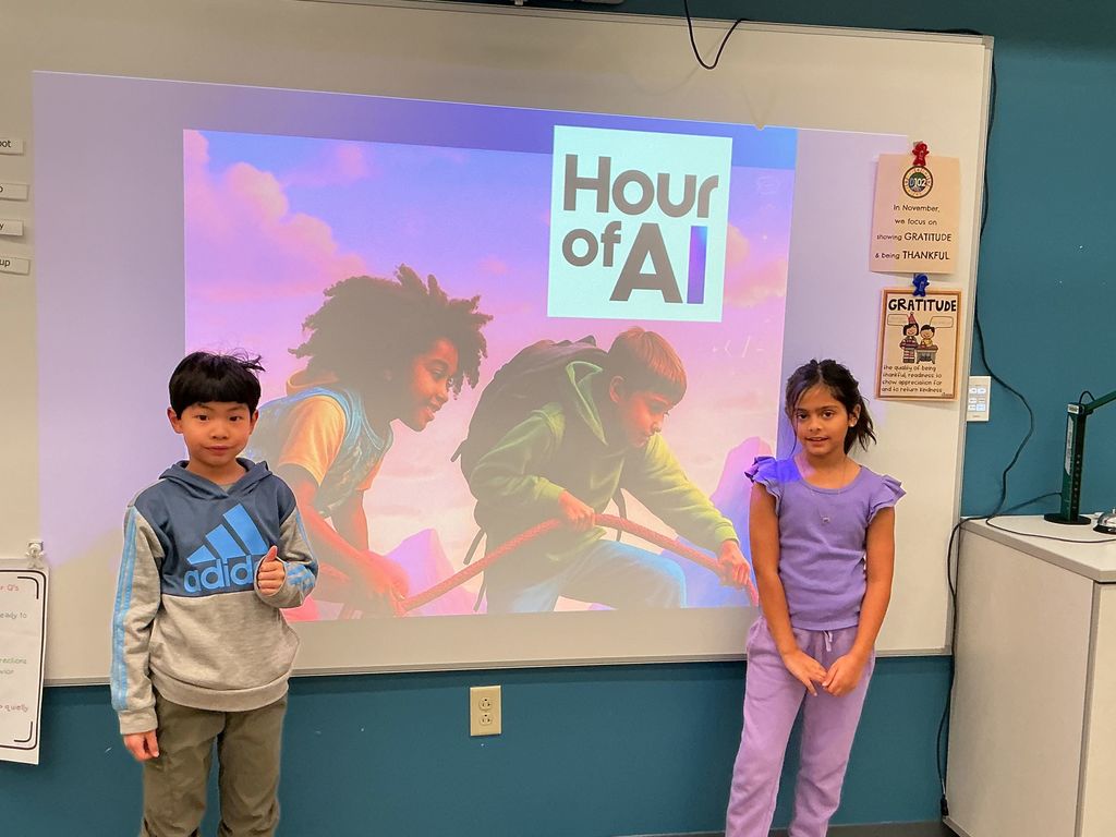 Students standing next to a sign that says "hour of AI"
