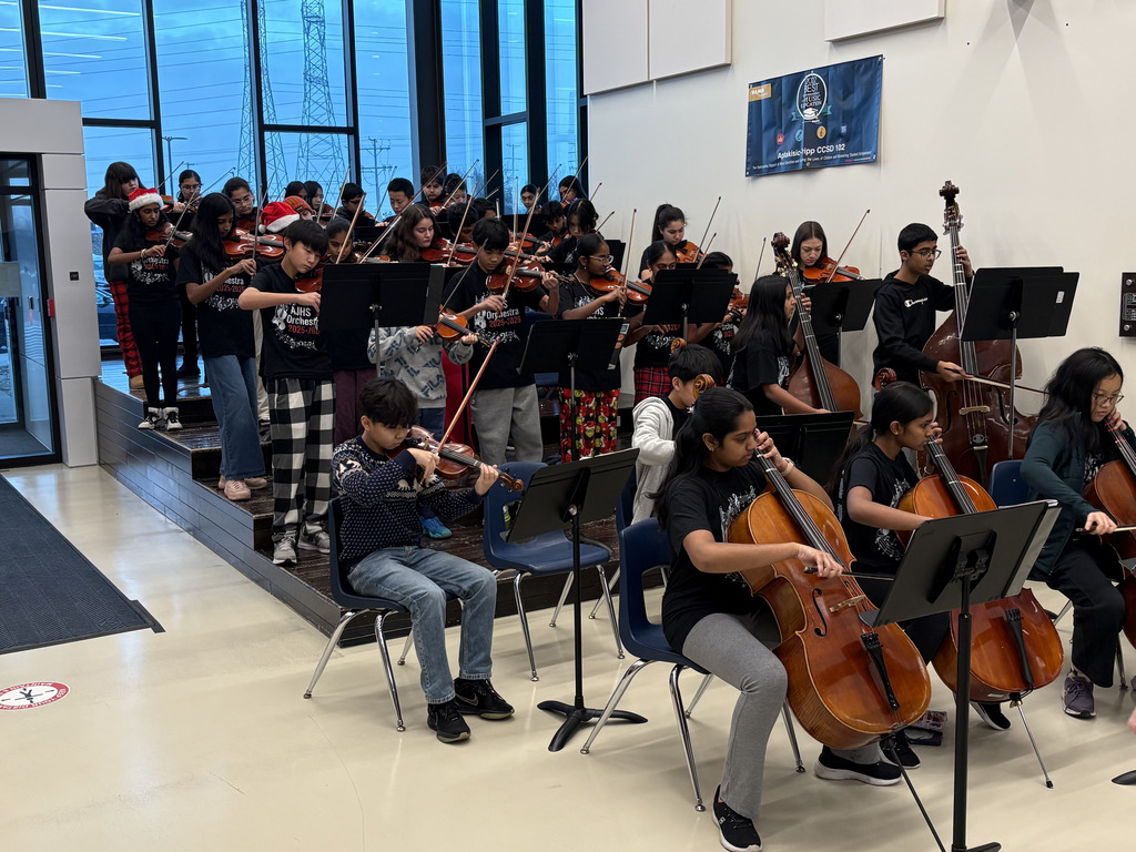 Orchestra students playing at the entrance of AJHS.