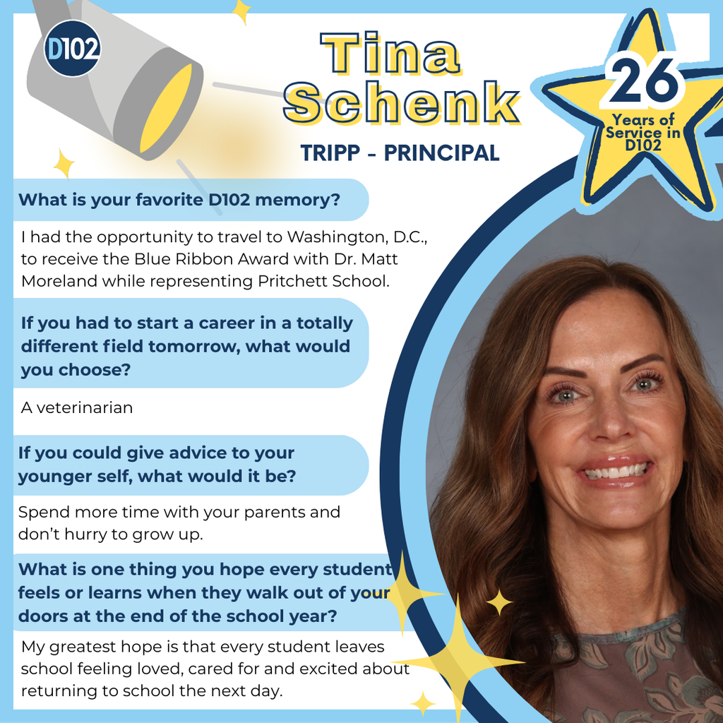 Staff questionnaire for Tina Schenk. Photo of Tina and questions and answers about her.