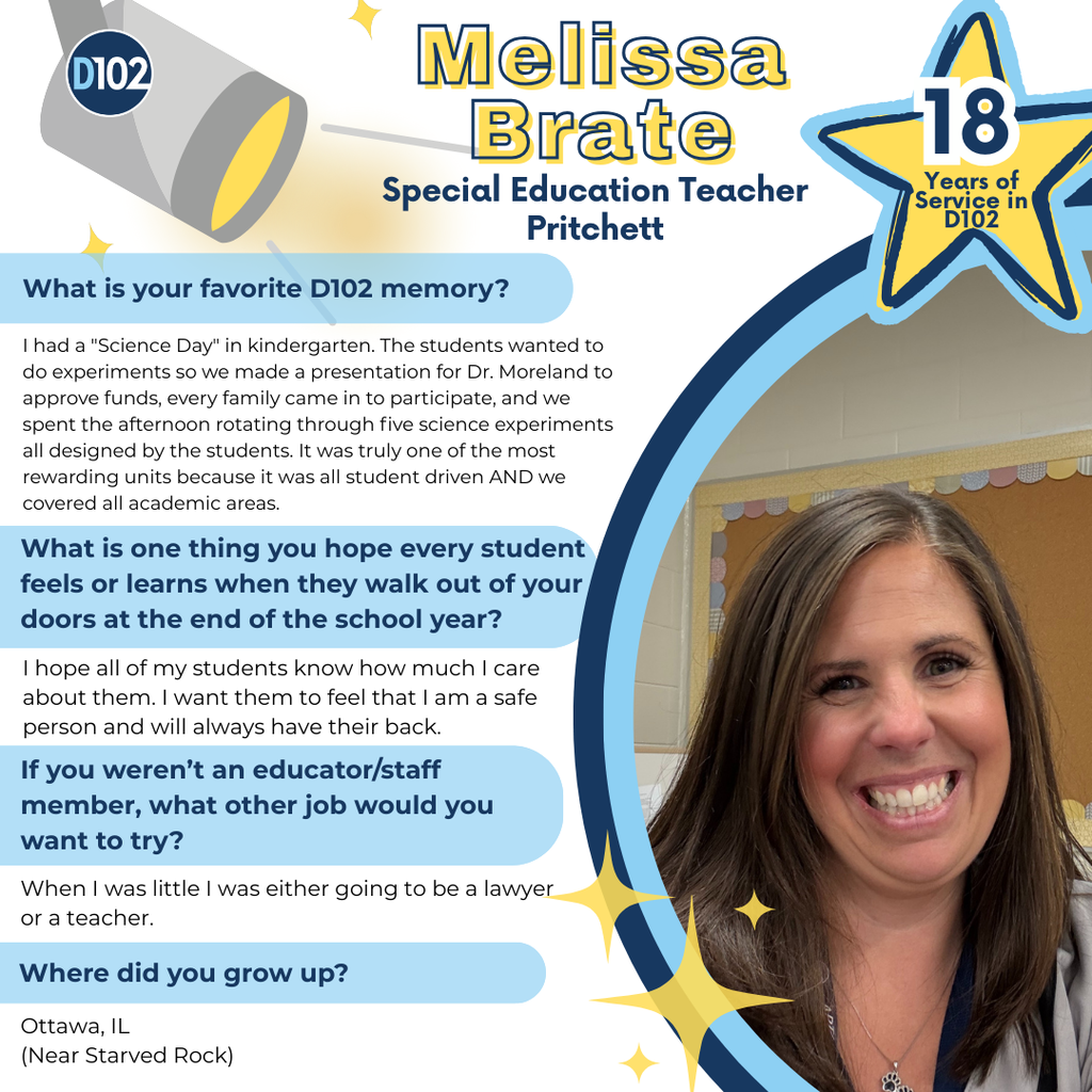 staff highlight graphic of Mrs. Brate with questions and answers about herself.