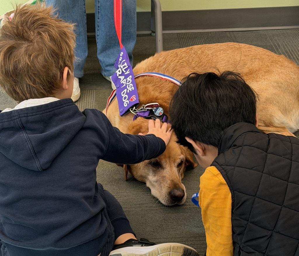 Two students are petting a dog while it's laying down with his head on the ground.