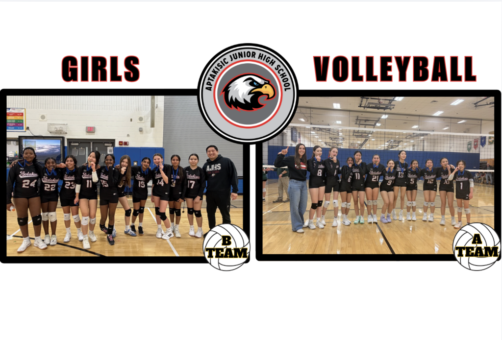 Two volleyball teams posing with their coach. The one in the left frame is the B team and the right photo frame is the A team.