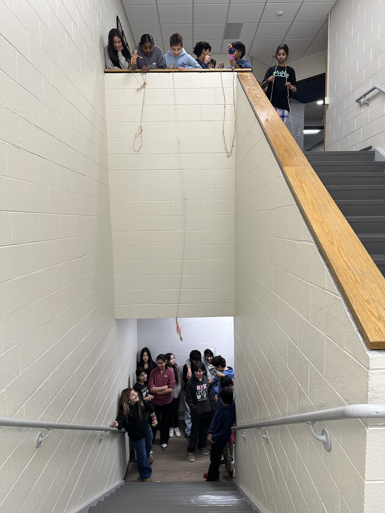 Students are launching a barbie doll down the stairs with rubber bands acting as bungee cords.