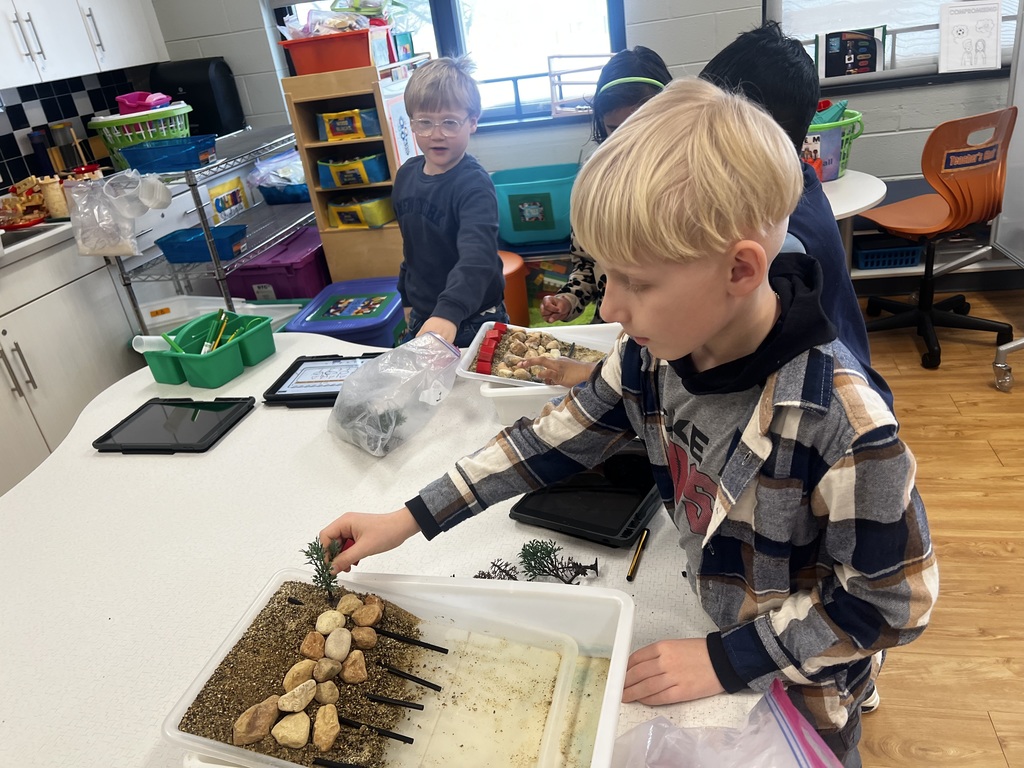 Students placing leaves in the erosion project.