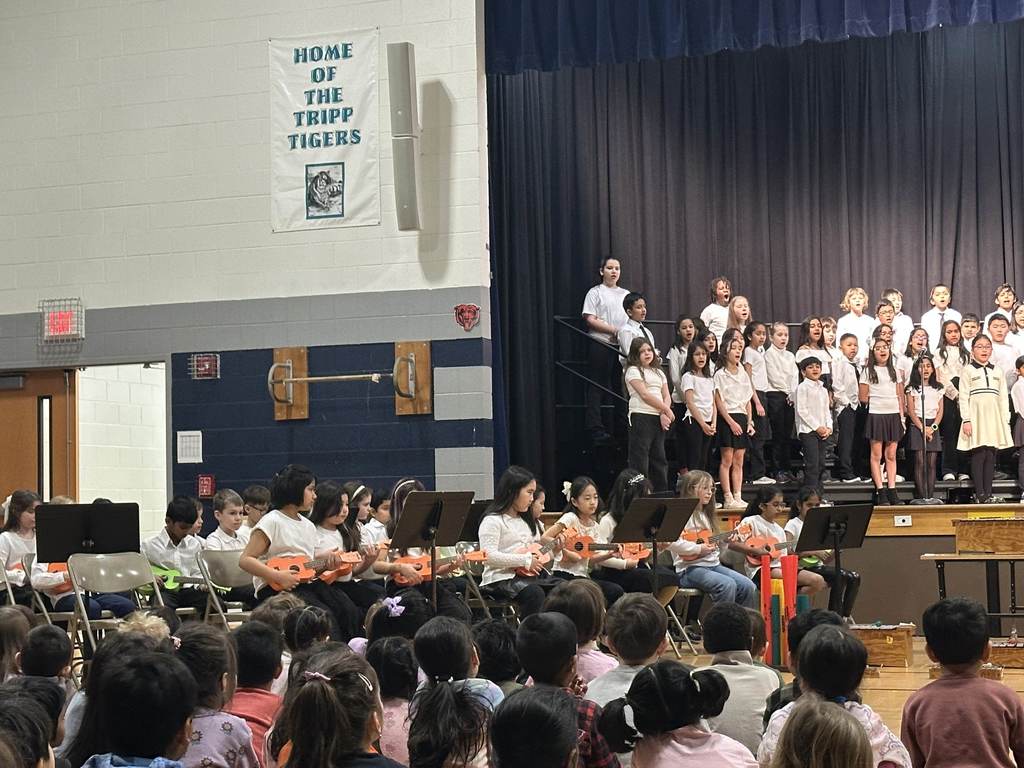 Students are sitting in chairs playing little guitars, some on stage singing and others sitting on the floor and watching.