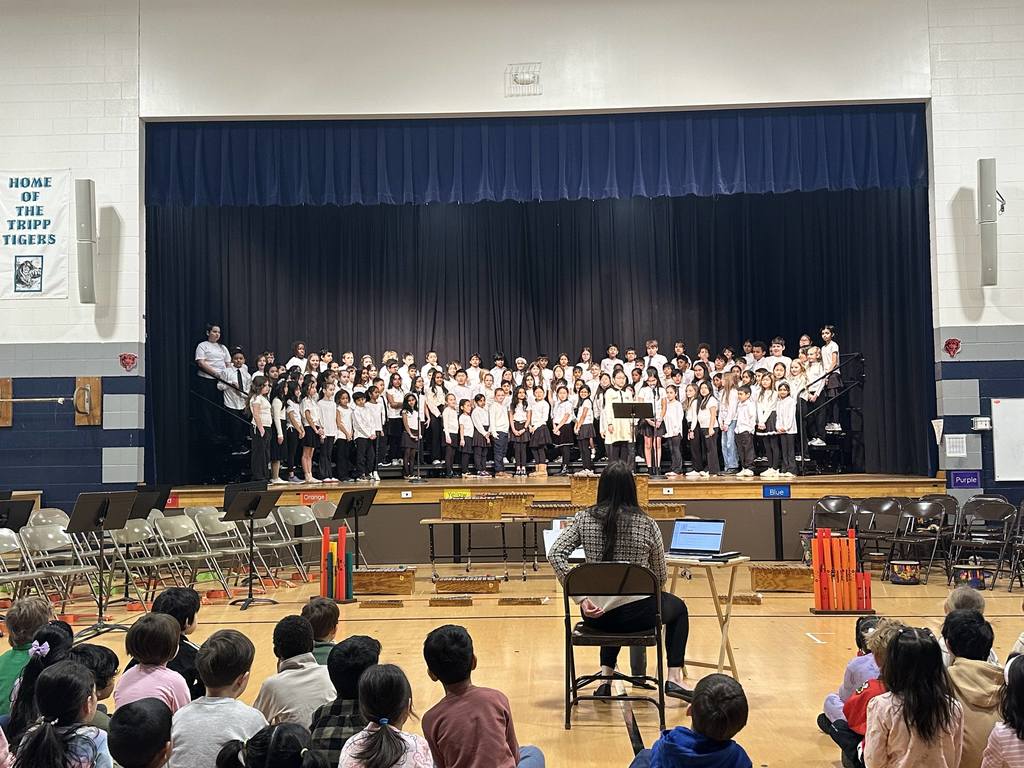 Students standing on stage on risers. 