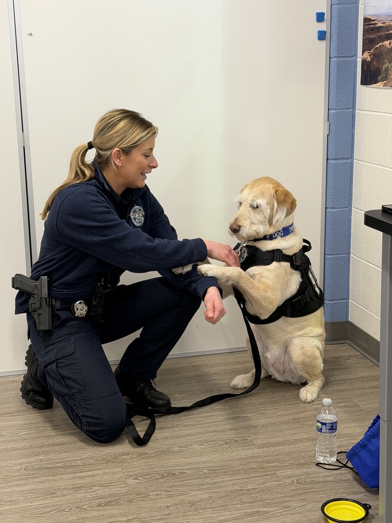 Police officer holding a paw of a police dog.