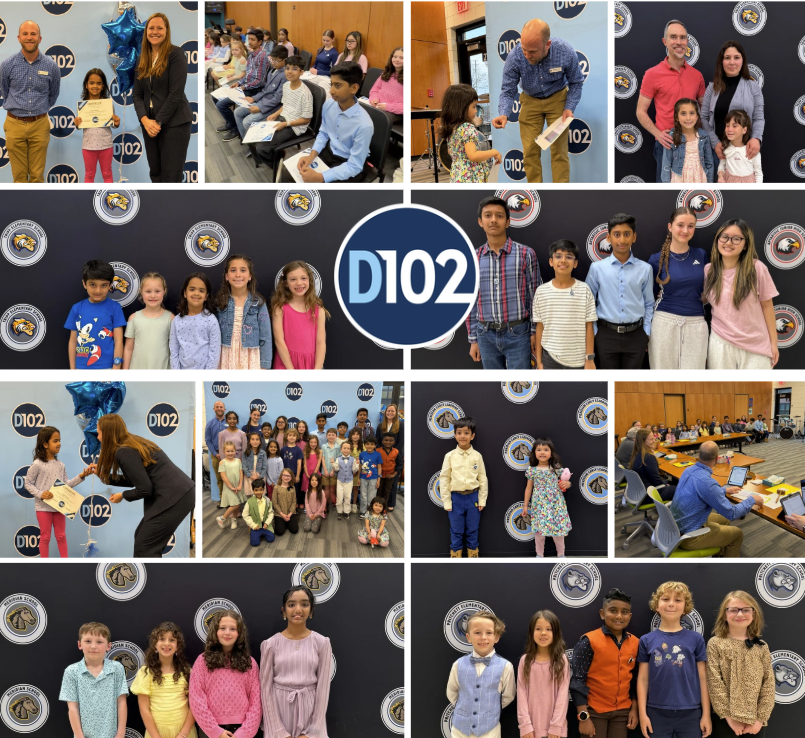 Photo montage of students standing and posing at a Board meeting.