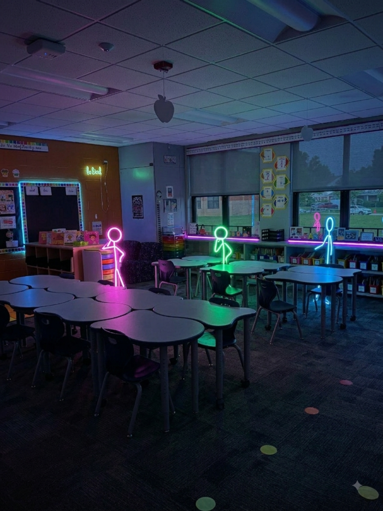 Glow stick people in a dark classroom.