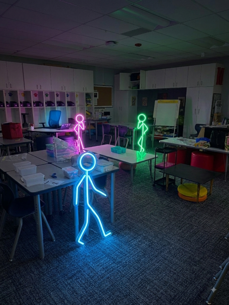 Glow stick people standing in a classroom.
