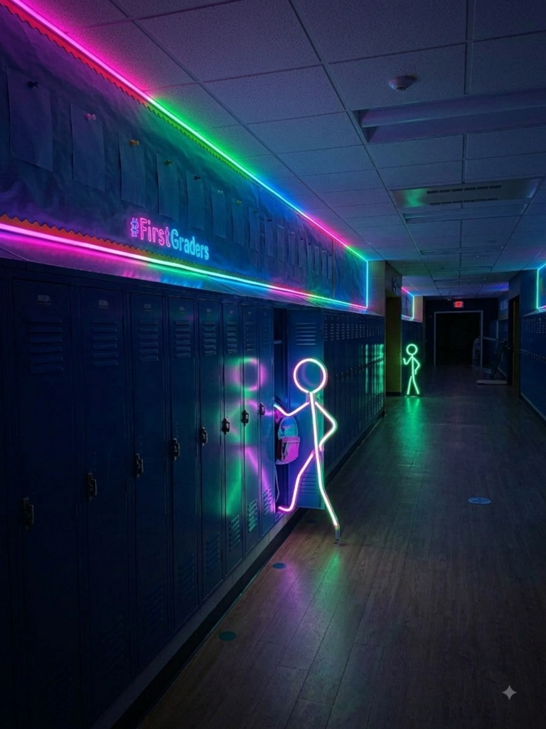 Glow stick people using their locker.