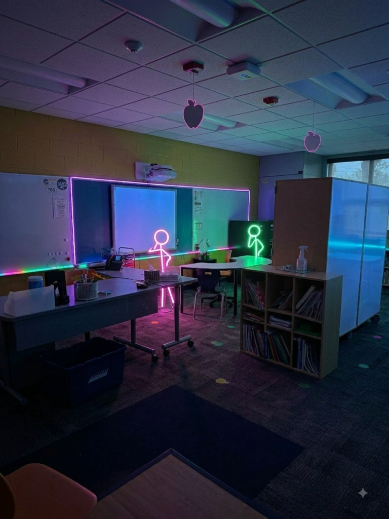Glow stick people in a classroom.