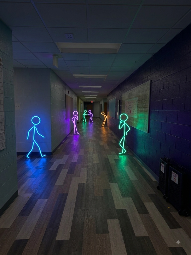 Glow stick people standing in a hallway.