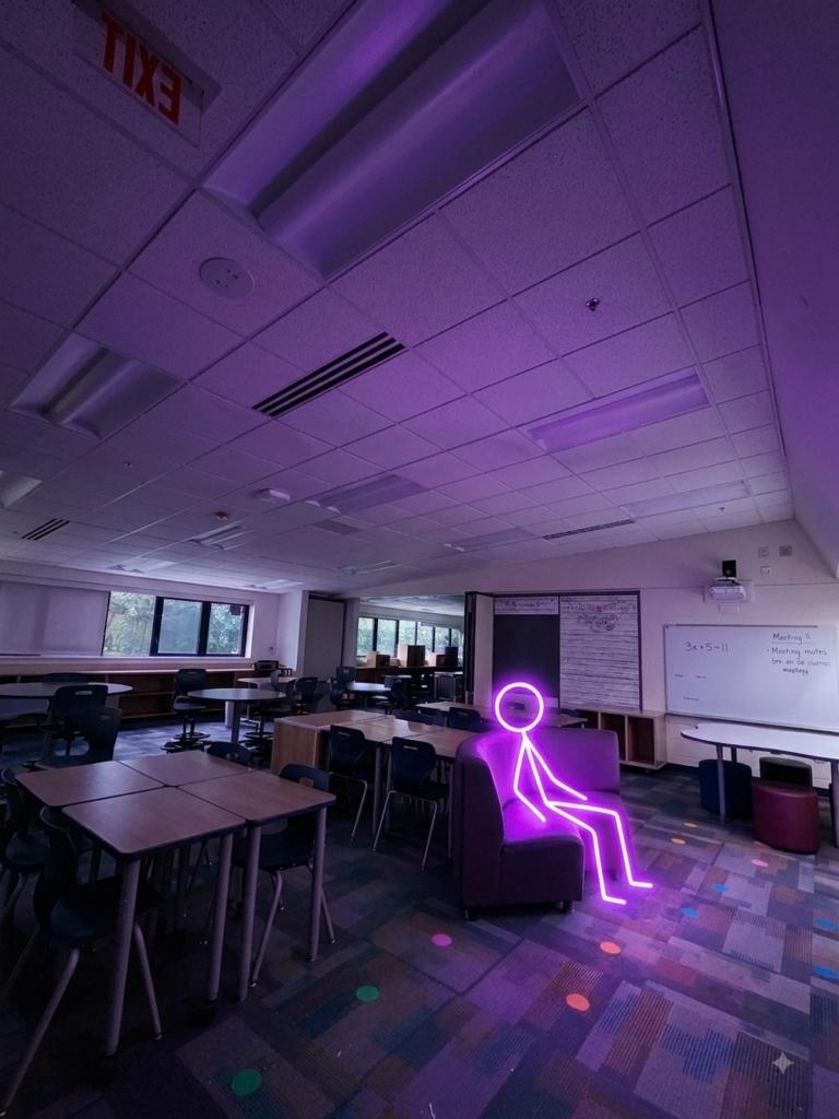 Glow stick person sitting in a dark classroom.