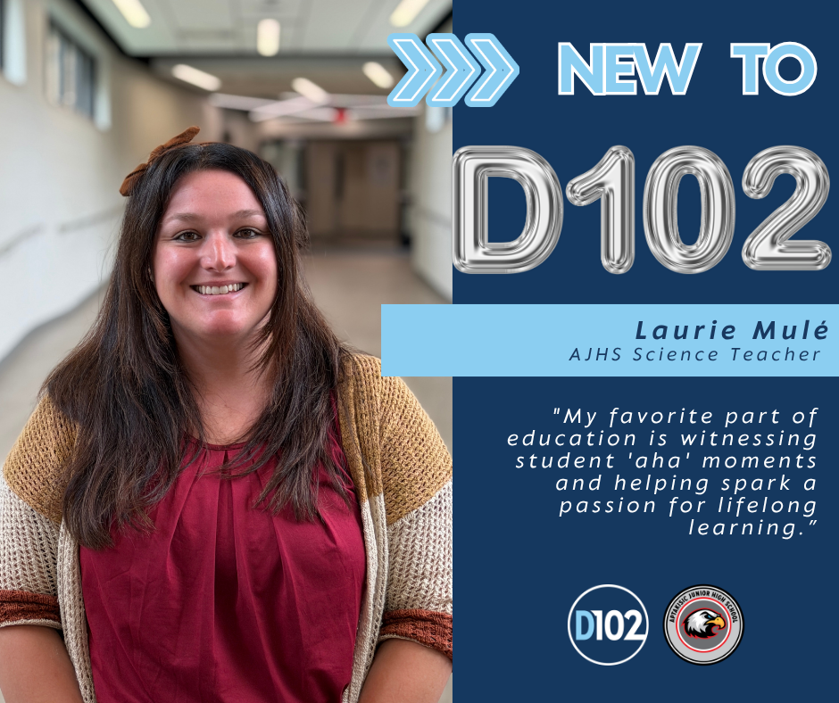 New staff shoutout to Laurie Mule with a quote and headshot: "My favorite part of education is witnessing student 'aha' moments and helping spark a passion for lifelong learning. I am excited to collaborate with my new team and build strong relationships with my incoming students and families."