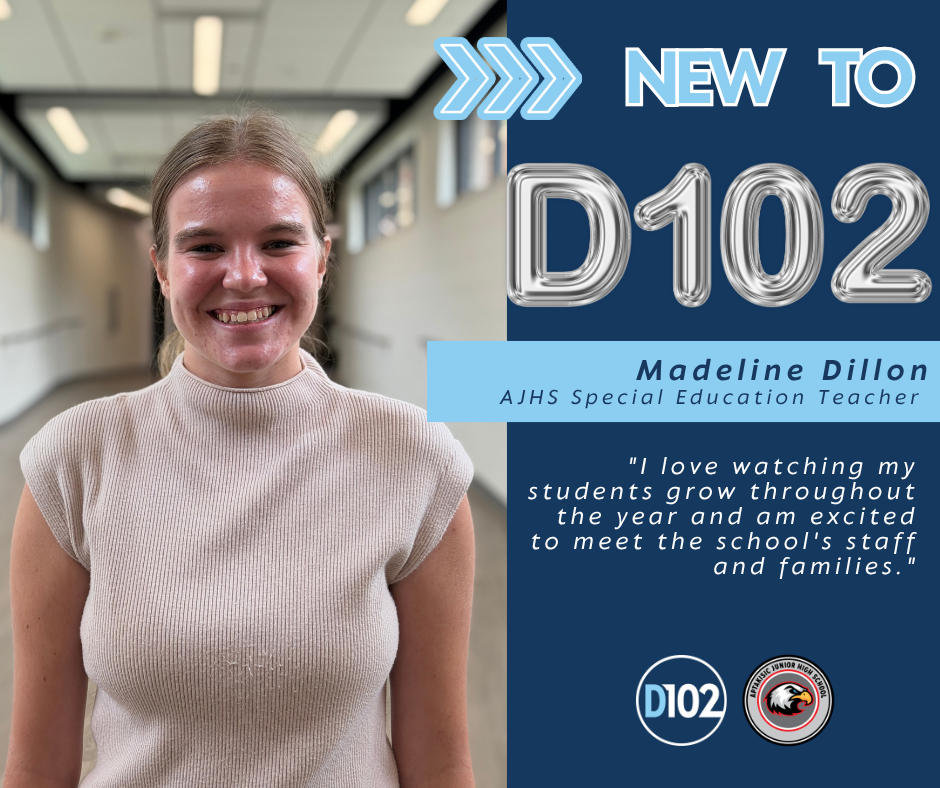 New teacher, Maddie Dillon Headshot photo with quote: "I love watching my students grow throughout the year and am excited to meet the school's staff and families." 