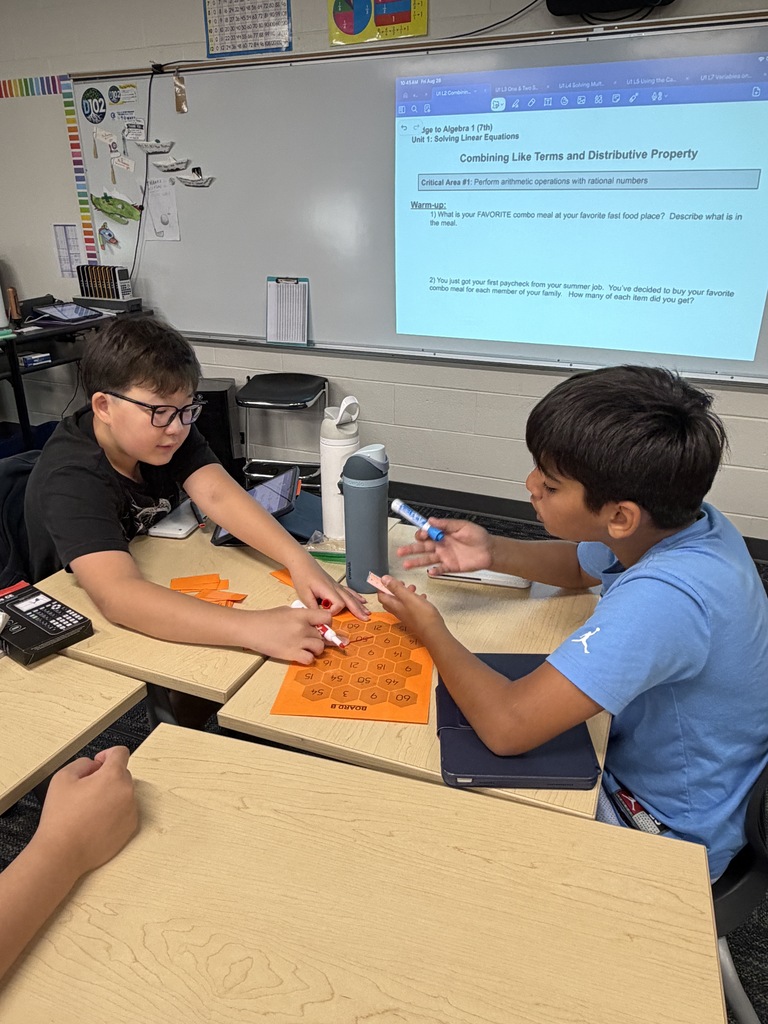 2 boys working at their tables on a math game.