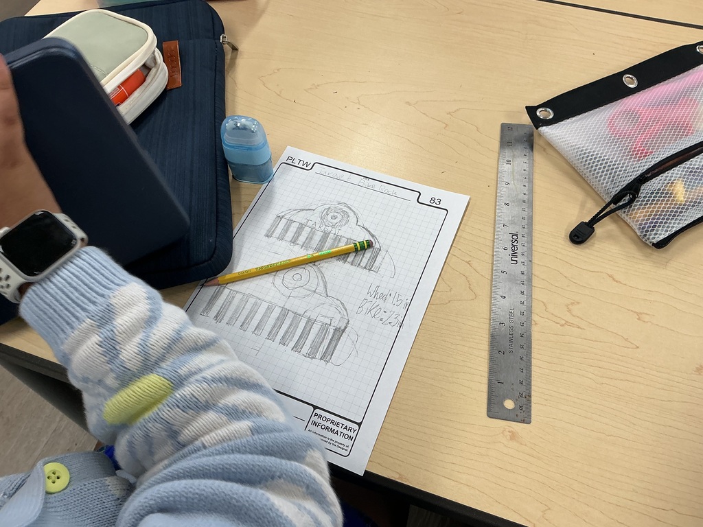 Drawing of work with tools on the desk. 