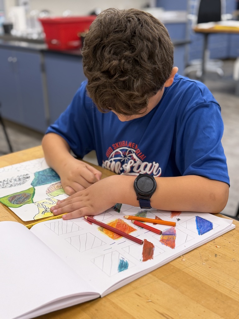 Boy sitting at a desk with his artwork.