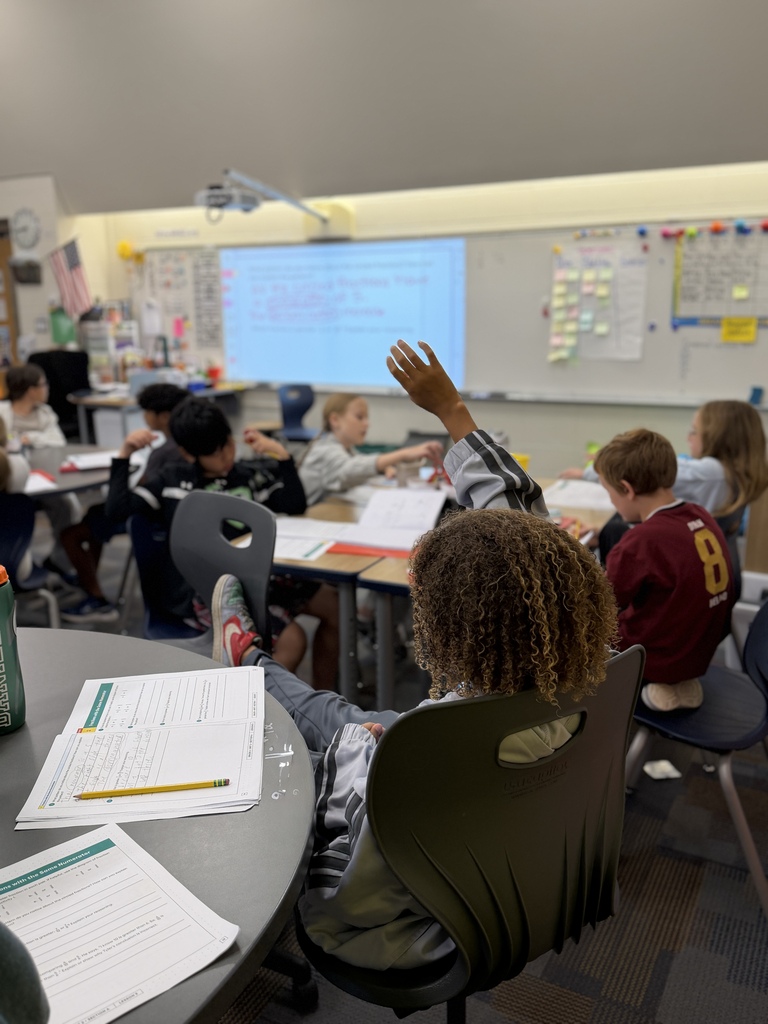 Student sitting in a chair looking at the teacher with their hand raised.