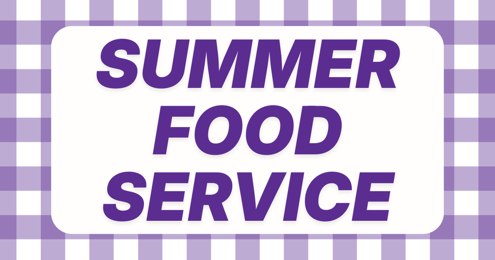 SUMMER FOOD SERVICE on a purple and white gingham pattern background