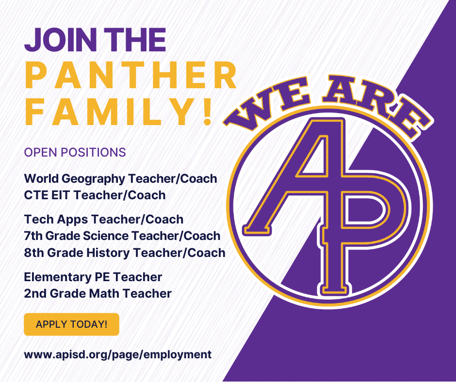 join the panther family! World Geography Teacher/Coach CTE EIT Teacher/Coach Tech Apps Teacher/Coach 7th Grade Science Teacher/Coach 8th Grade History Teacher/Coach Elementary PE Teacher 2nd Grade Math Teacher