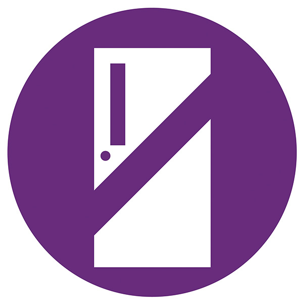 Hold Icon - a white door icon in a purple circle with a purple line diagonally across the center