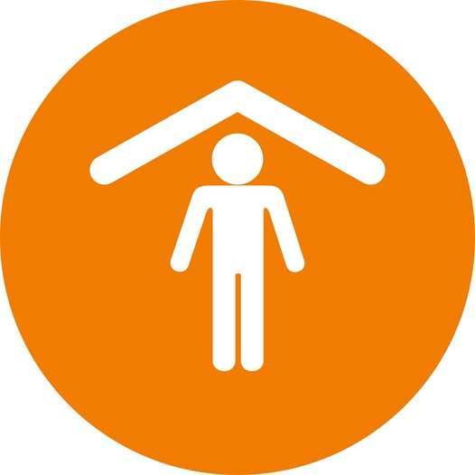 Shelter Icon - orange circle with the white icon of a person underneath a white arrow icon, made to look like a roof