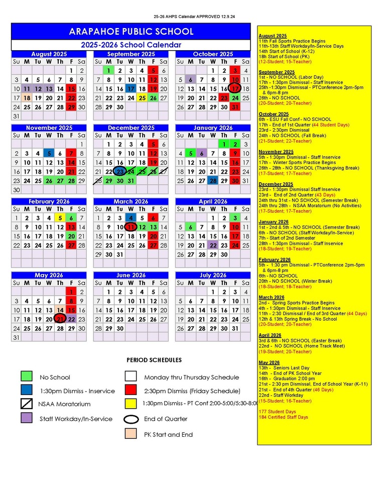 2025-2026 School Calendar | Arapahoe-Holbrook Public Schools