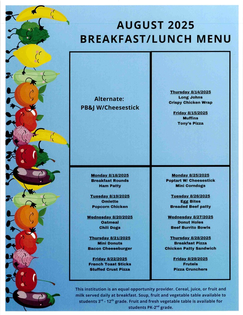 August 2025 Breakfast / Lunch Menu