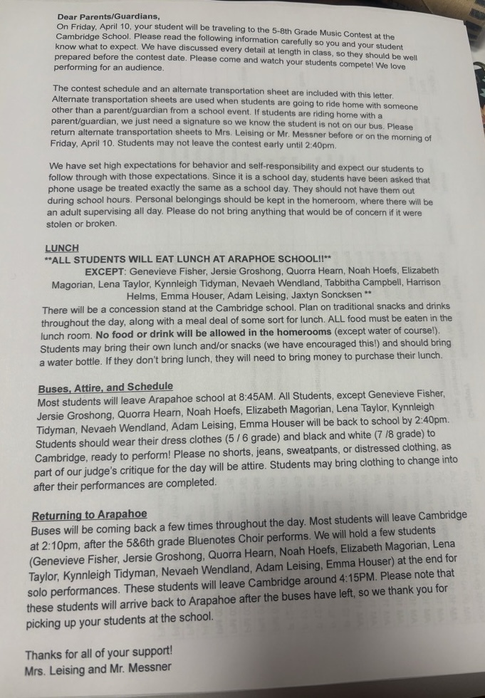5-8 music contest at cambridge - friday april 10 - student/parent letter