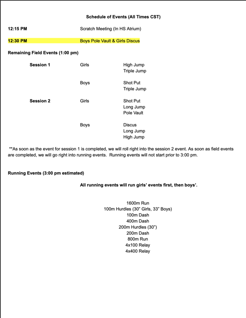 schedule of events - southern valley track meet